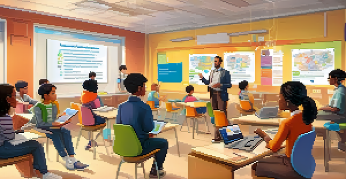 A diverse classroom with students and a teacher discussing digital citizenship, with laptops and a projector displaying key concepts.