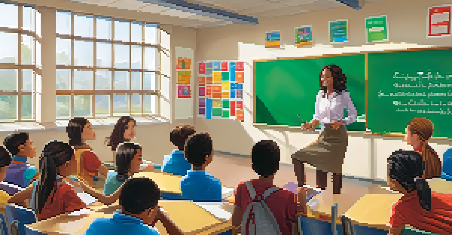 A teacher guiding a group discussion in a colorful classroom with engaged students.