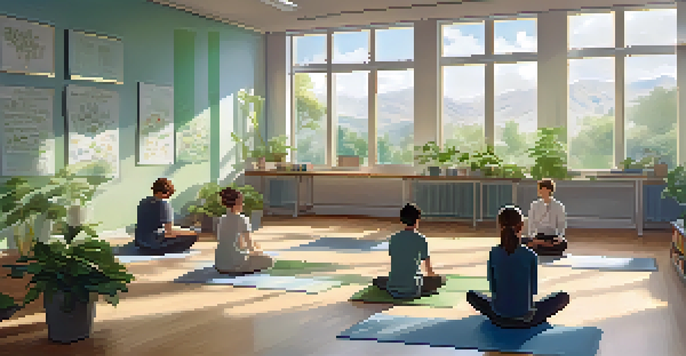 A peaceful classroom filled with soft colors and natural light, where students are practicing mindfulness in various comfortable positions.