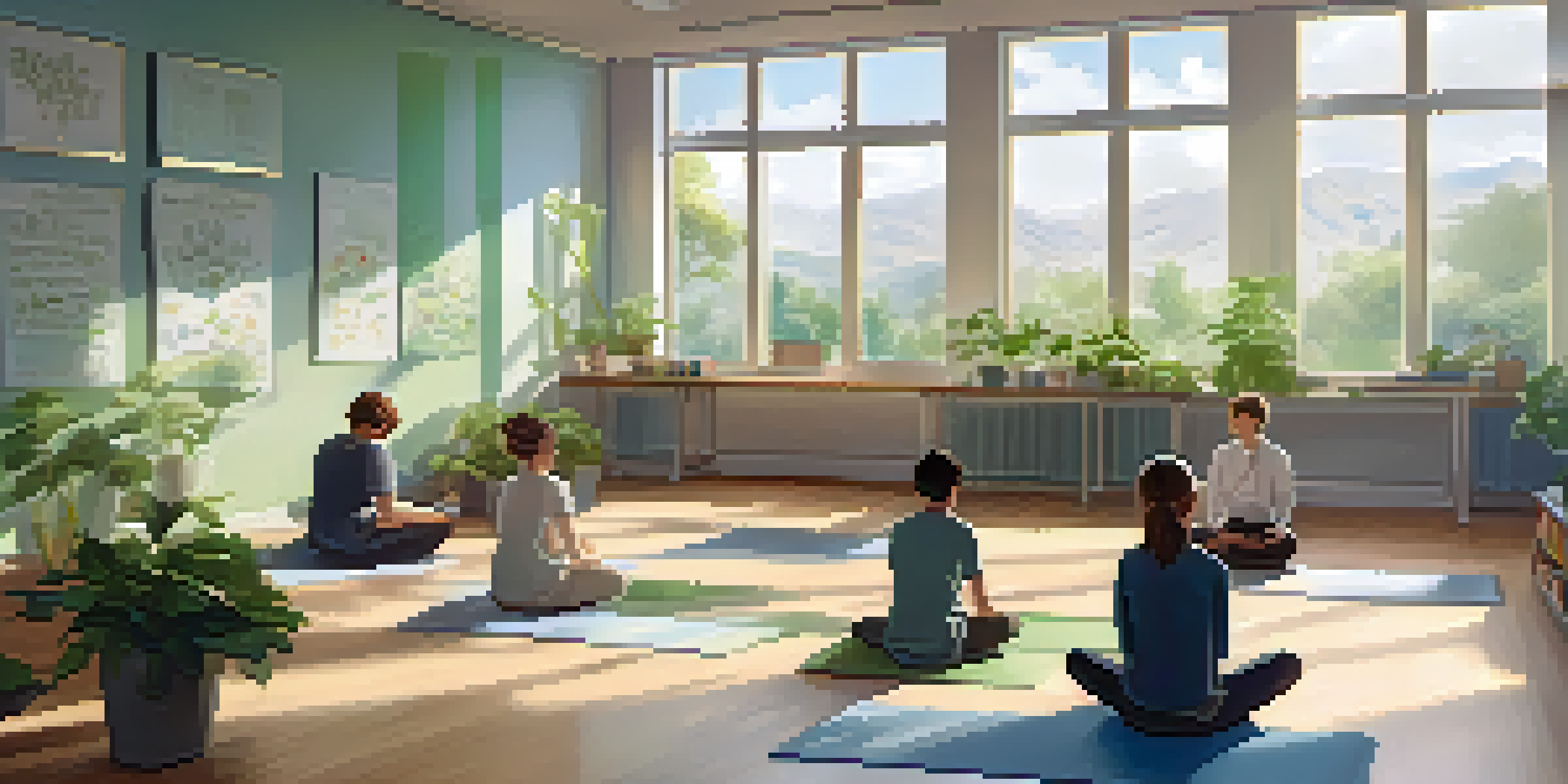 A peaceful classroom filled with soft colors and natural light, where students are practicing mindfulness in various comfortable positions.
