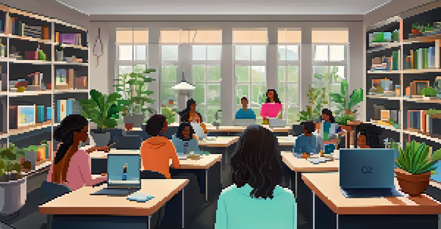 A teacher conducting a live online class with students on video calls in a cozy home office setting, surrounded by books and plants.