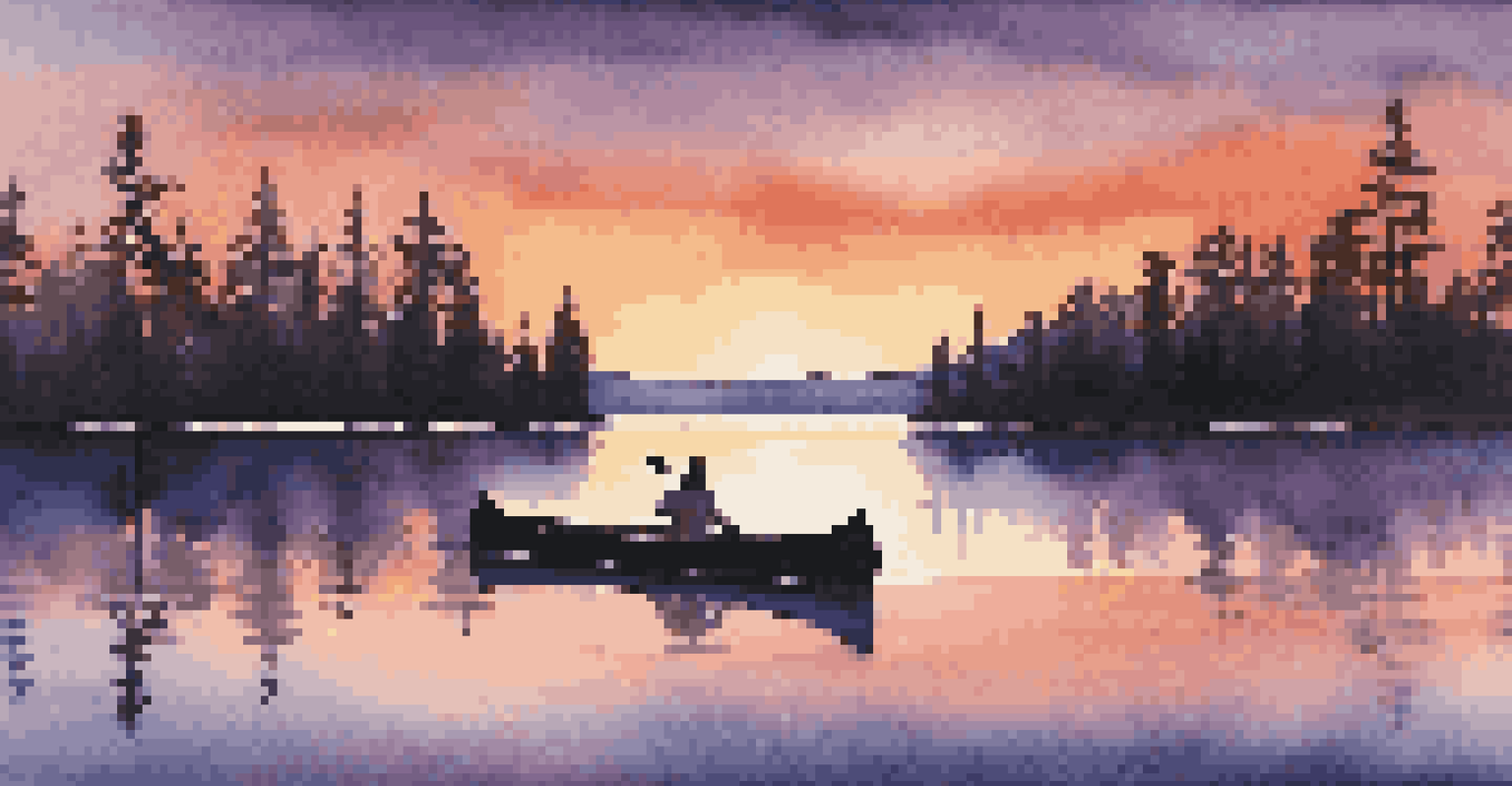 A beautiful sunset over a calm lake with colorful reflections and silhouettes of pine trees.