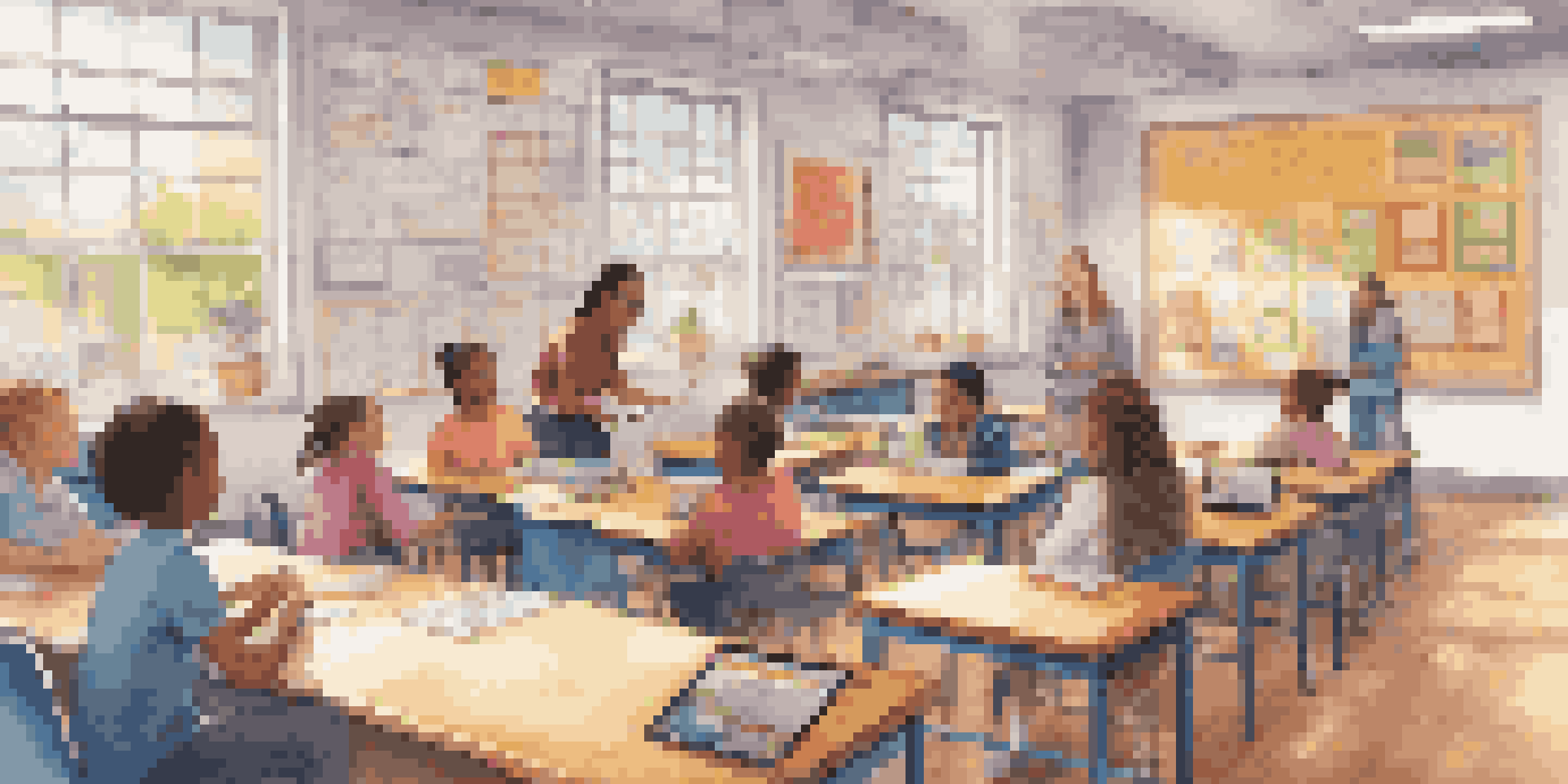 A diverse classroom with students using tablets for adaptive learning, while a teacher provides guidance.