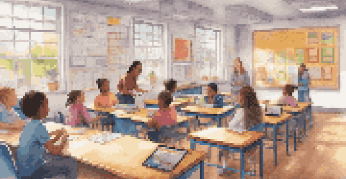 A diverse classroom with students using tablets for adaptive learning, while a teacher provides guidance.