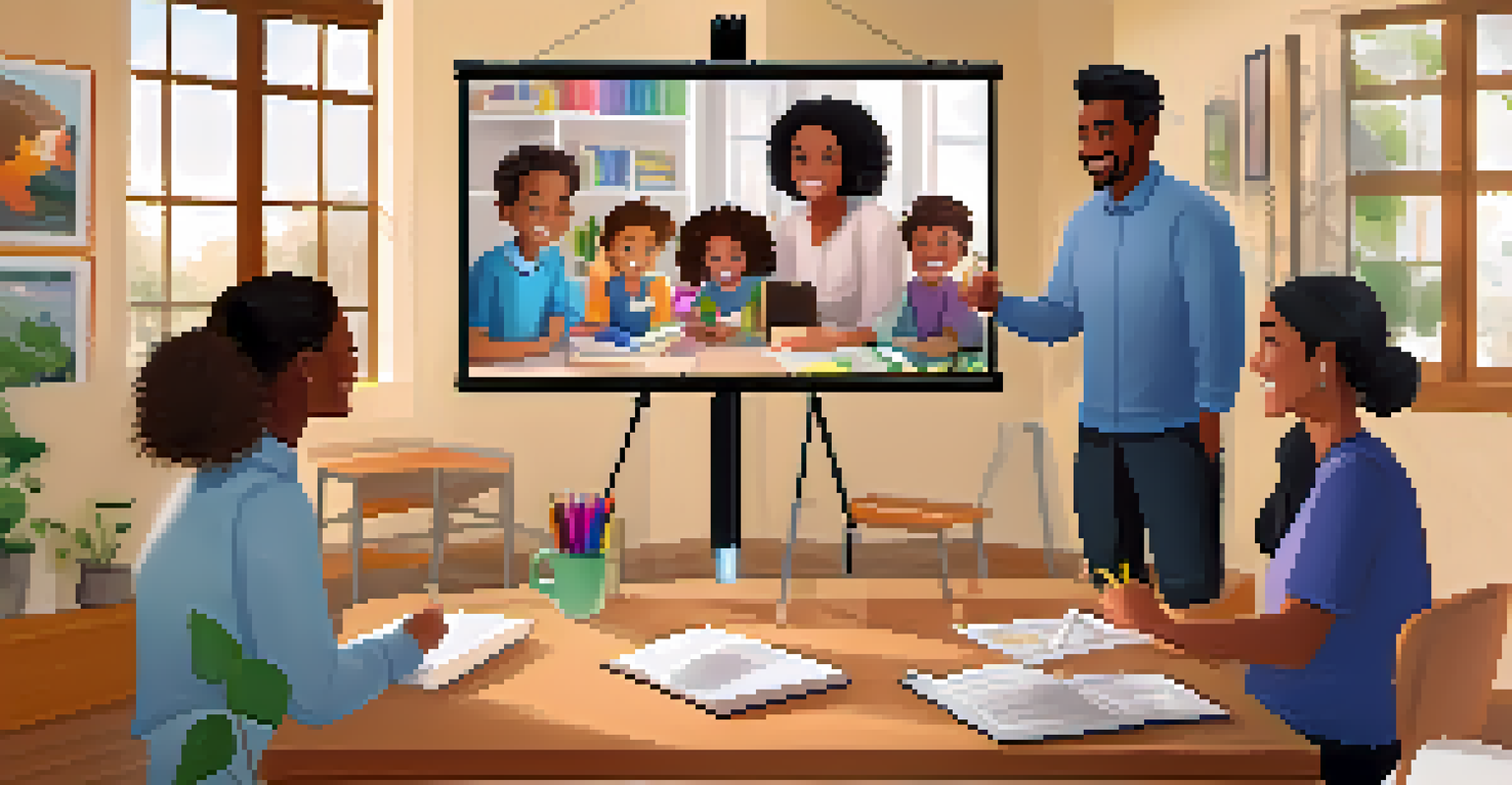 A virtual workshop with parents and teachers on a video call, sharing study strategies and engaging in discussions.