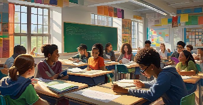 A diverse group of students collaborating in a colorful classroom, engaged in discussions with laptops and books around them.