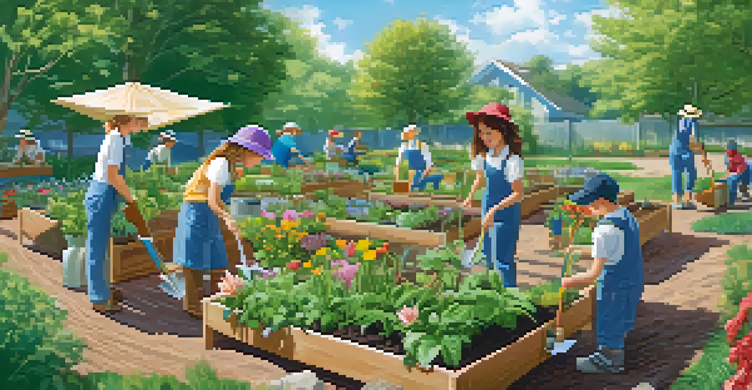 Students working together to plant a sustainable garden in an outdoor community space, surrounded by greenery and blue sky.