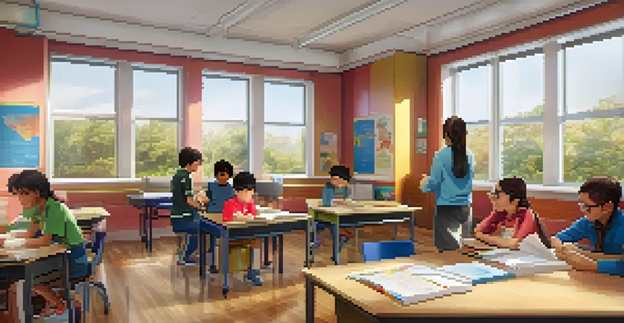 A teacher interacts with students in a bright and colorful classroom filled with natural light, promoting a supportive learning environment.