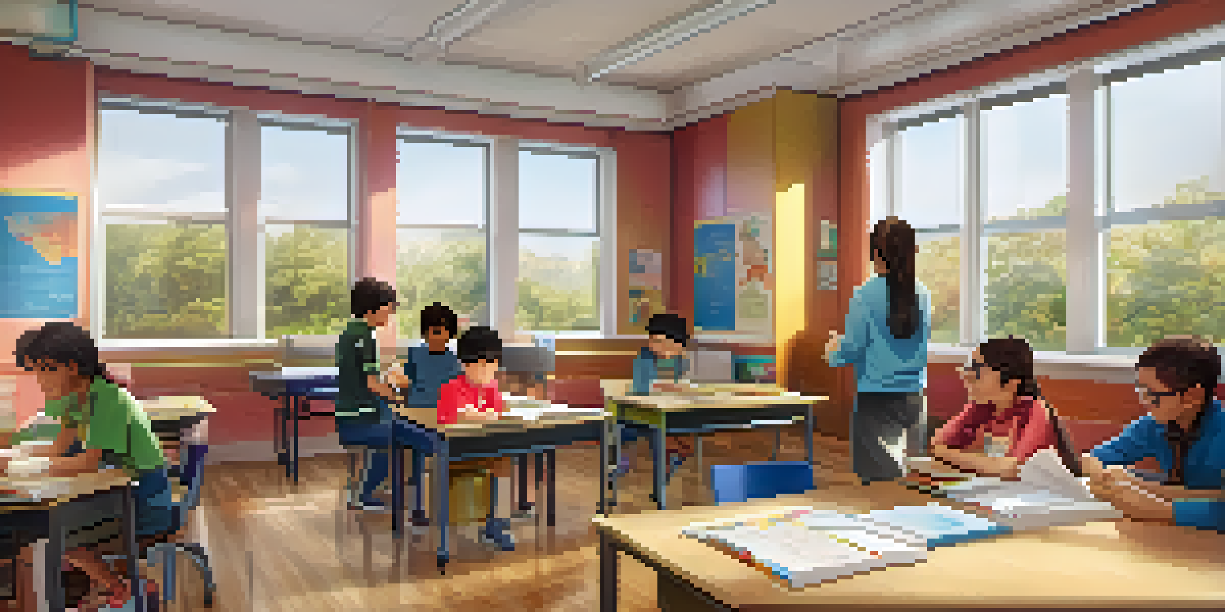 A teacher interacts with students in a bright and colorful classroom filled with natural light, promoting a supportive learning environment.