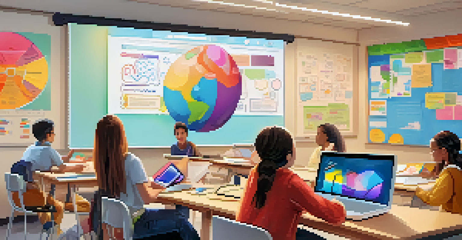 A classroom with diverse students using laptops to collaborate on graphic organizers in an online learning environment.
