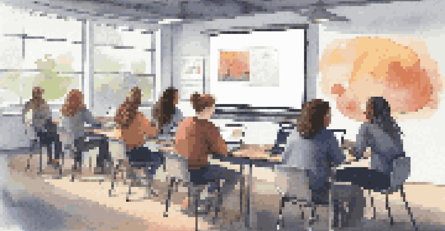 Students working together on laptops in a modern classroom, sharing ideas and collaborating on a project displayed on a large screen.
