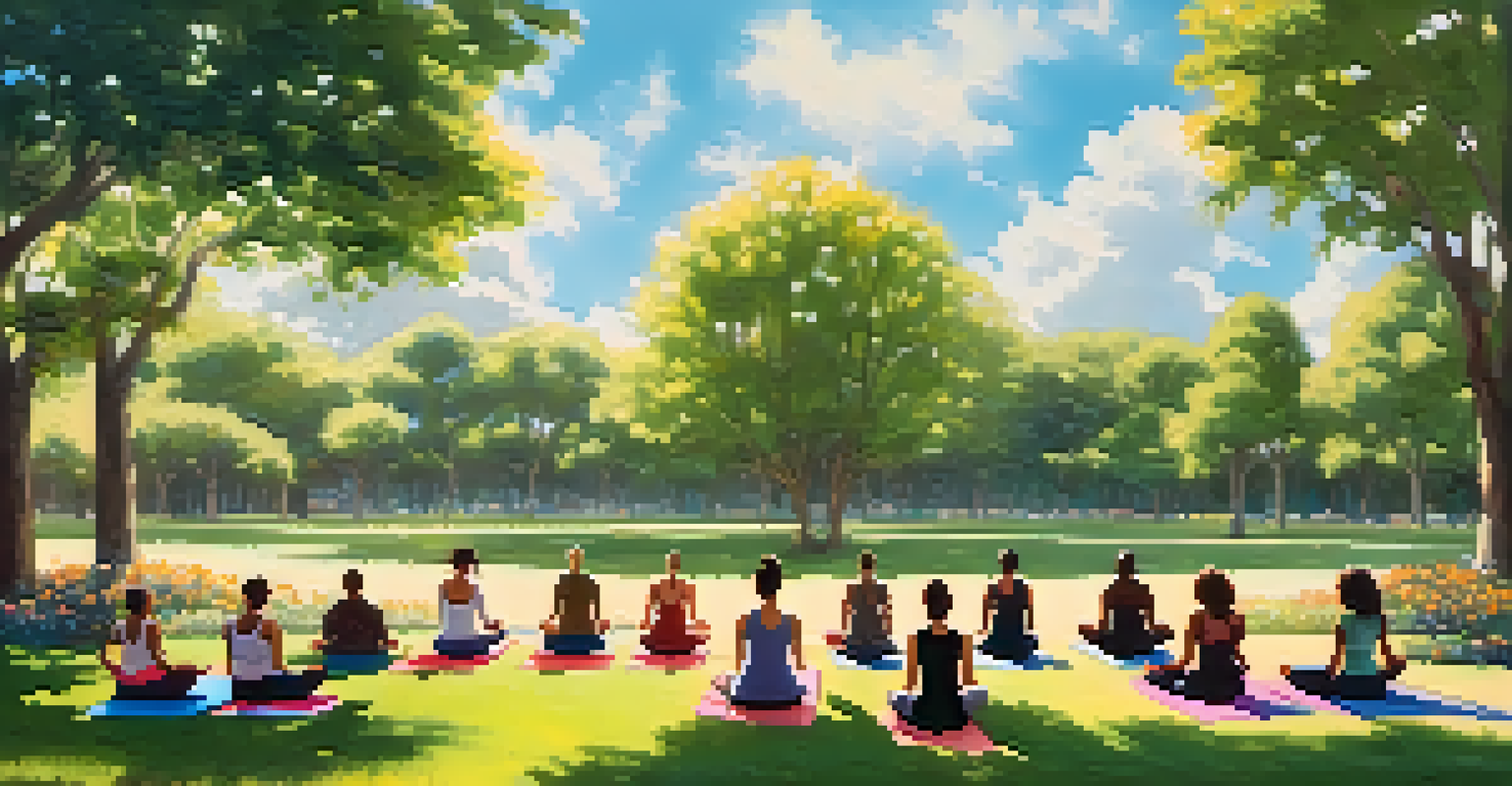 A group of friends practicing yoga in a sunny park surrounded by greenery and flowers.