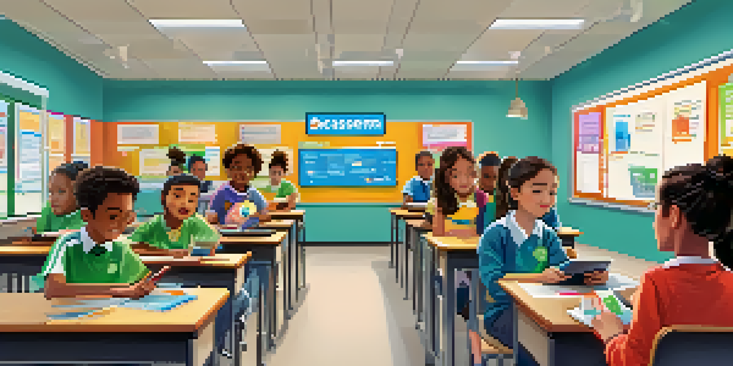 A vibrant classroom with students using tablets for a gamified assessment, displaying progress bars and badges on their screens, while a teacher provides guidance.