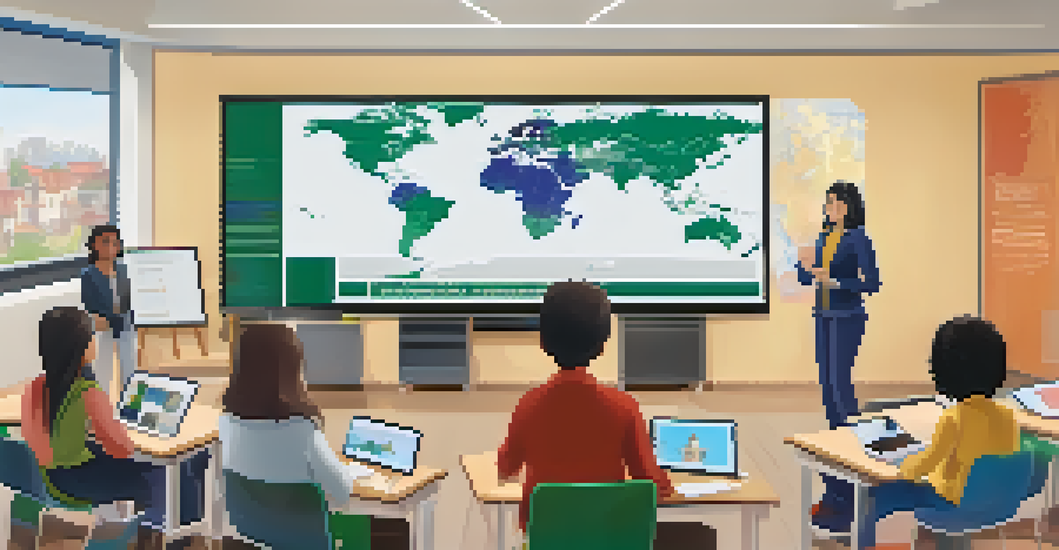 A digital classroom with a teacher video conferencing with students from different countries, decorated with educational posters and a world map.