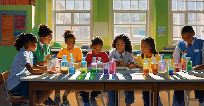 A diverse group of students in a bright classroom conducting a science experiment together.