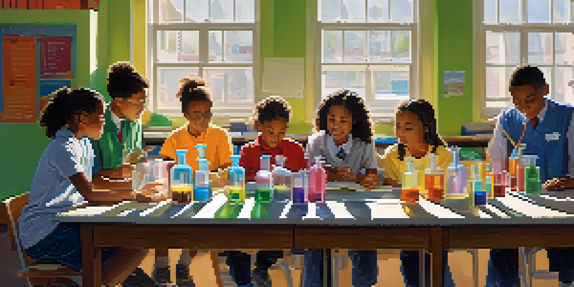 A diverse group of students in a bright classroom conducting a science experiment together.