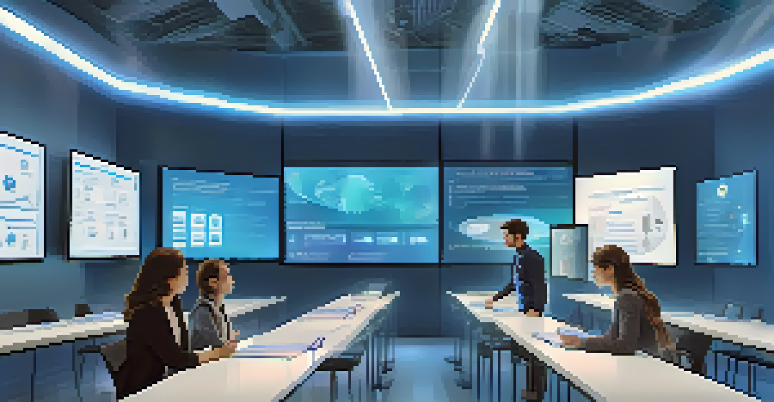 A futuristic classroom with a teacher using a holographic display of student profiles, surrounded by engaged students in a modern setting.