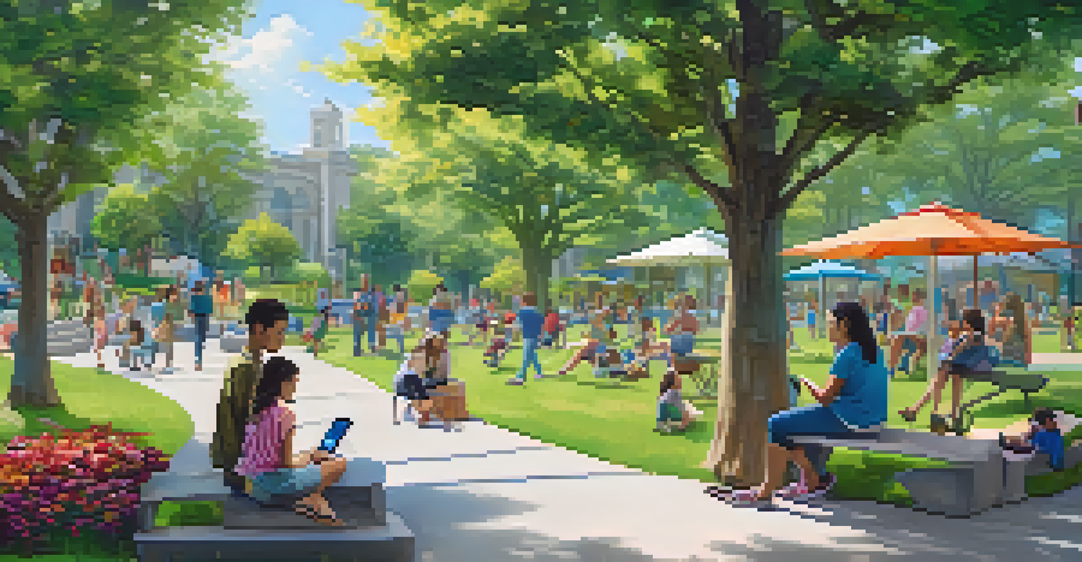 Families and individuals using devices in a park with a 'Free Wi-Fi Zone' banner, surrounded by greenery and flowers.