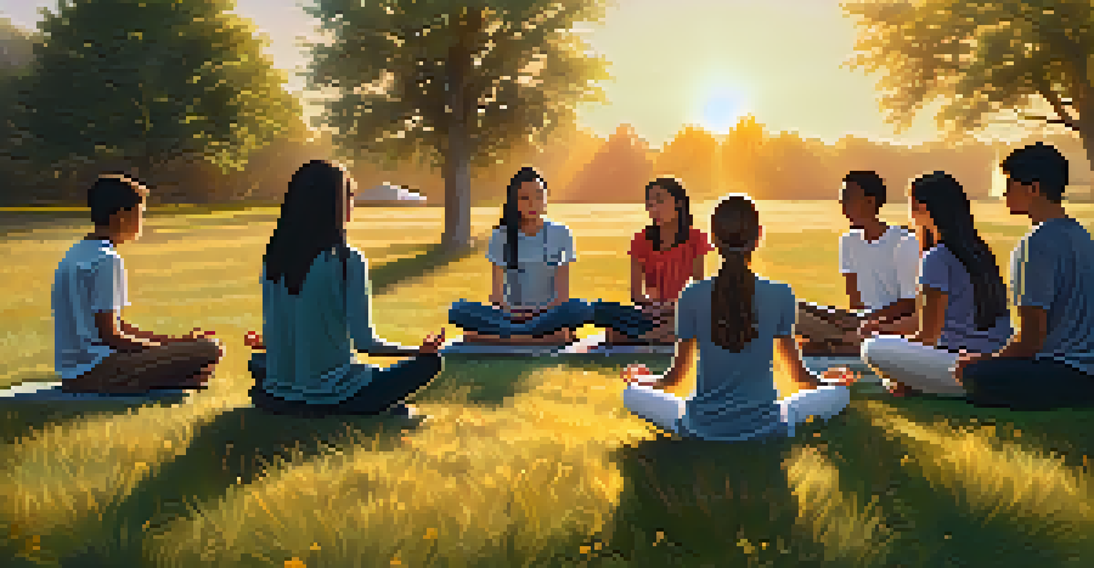 A group of students sitting in a circle on grass, practicing guided meditation with a sunset in the background.