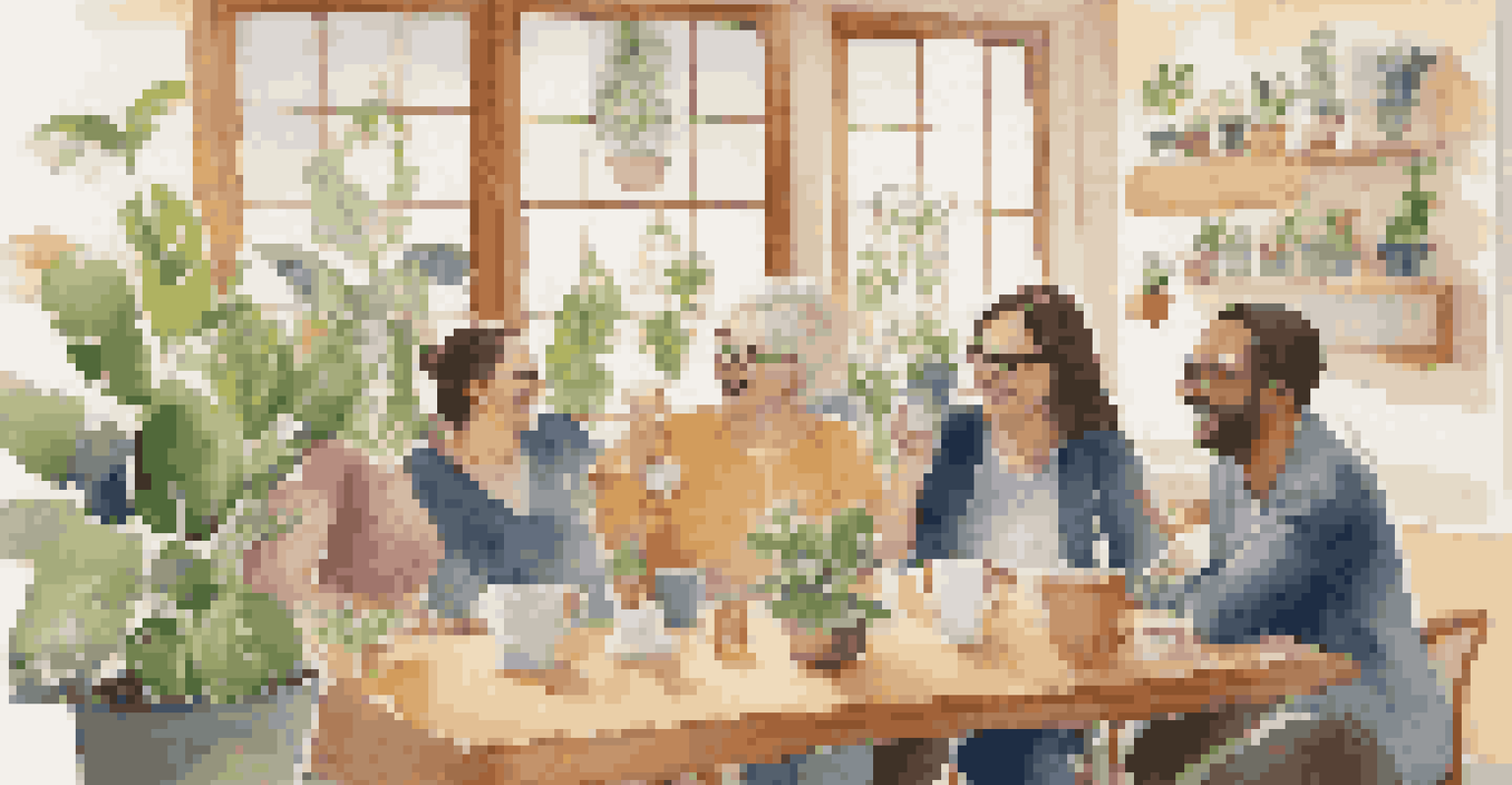 Teachers in a staff room laughing and enjoying coffee together, surrounded by plants and cheerful decorations.