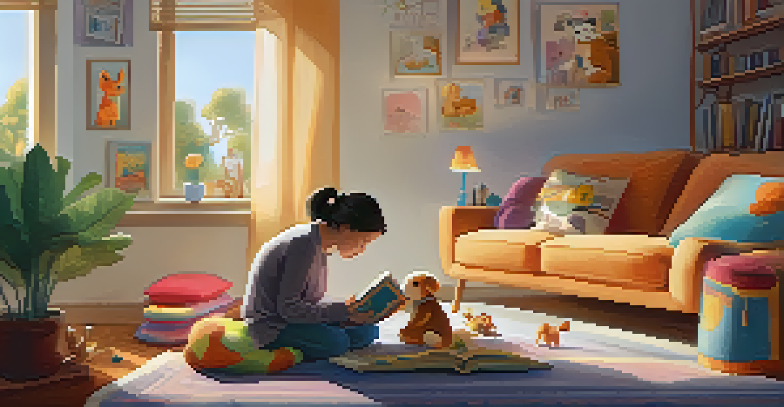 A parent reading a storybook to a child in a cozy living room filled with plush toys.