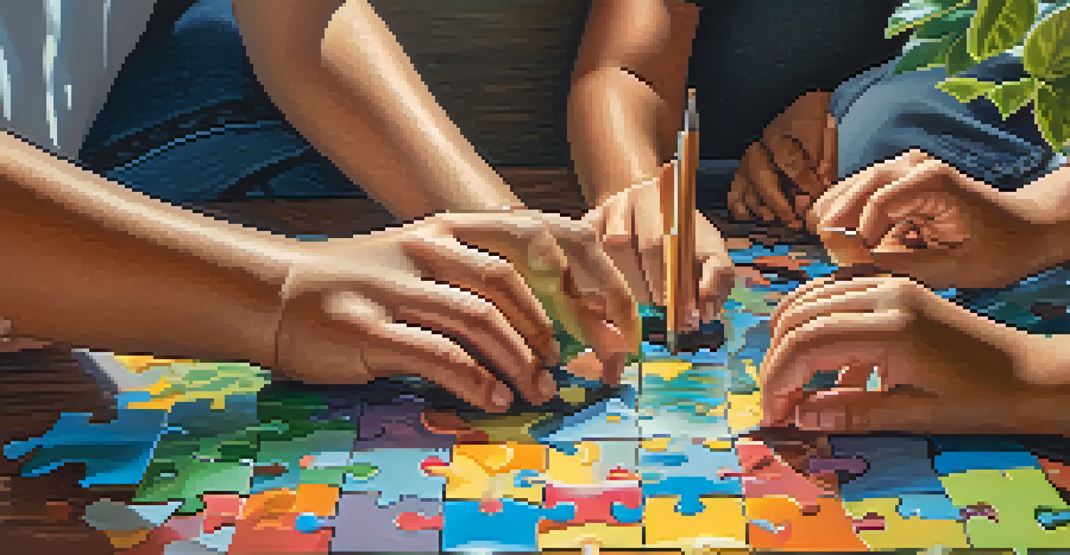 Close-up of diverse hands assembling a colorful puzzle, representing teamwork and collaboration.