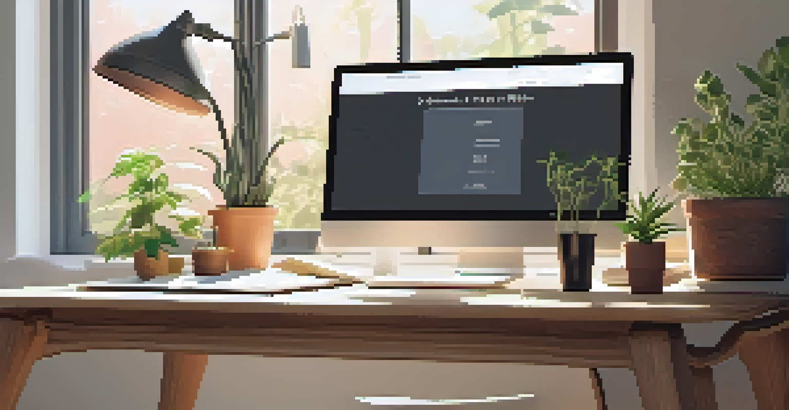 A wooden desk with a laptop displaying a colorful portfolio website, sunlit room with a potted plant and art books.