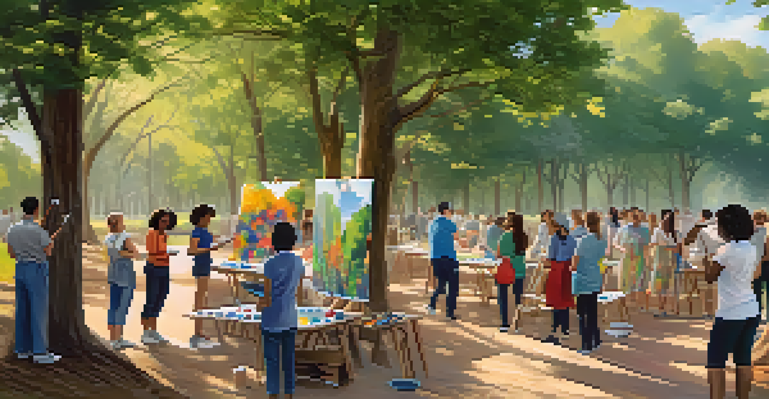 Educators engaging in a hands-on painting workshop outdoors, collaborating creatively on a large canvas under the shade of trees.