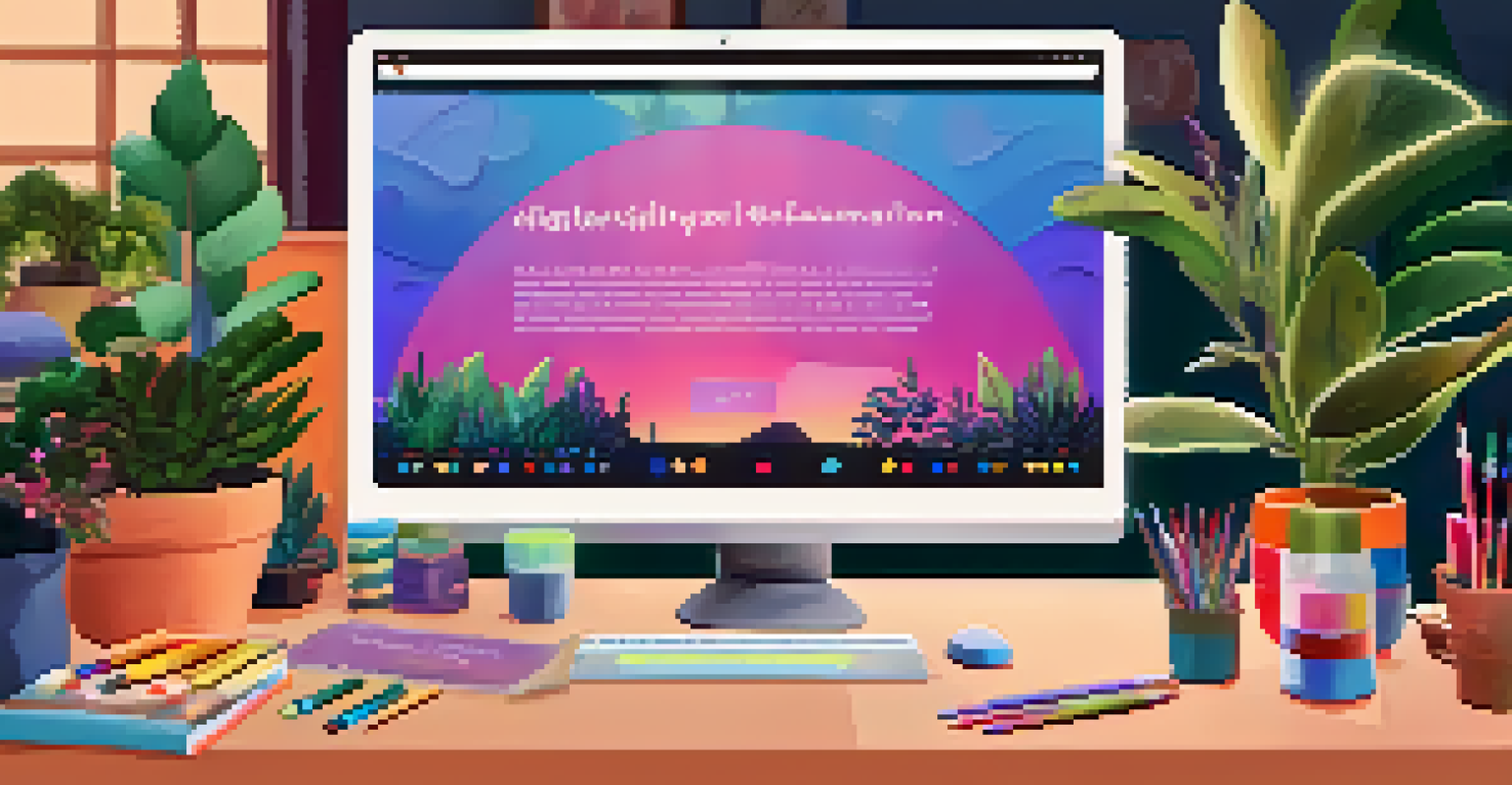 A close-up view of a computer screen showcasing a digital storytelling platform with colorful visuals and text, set in a cozy workspace.