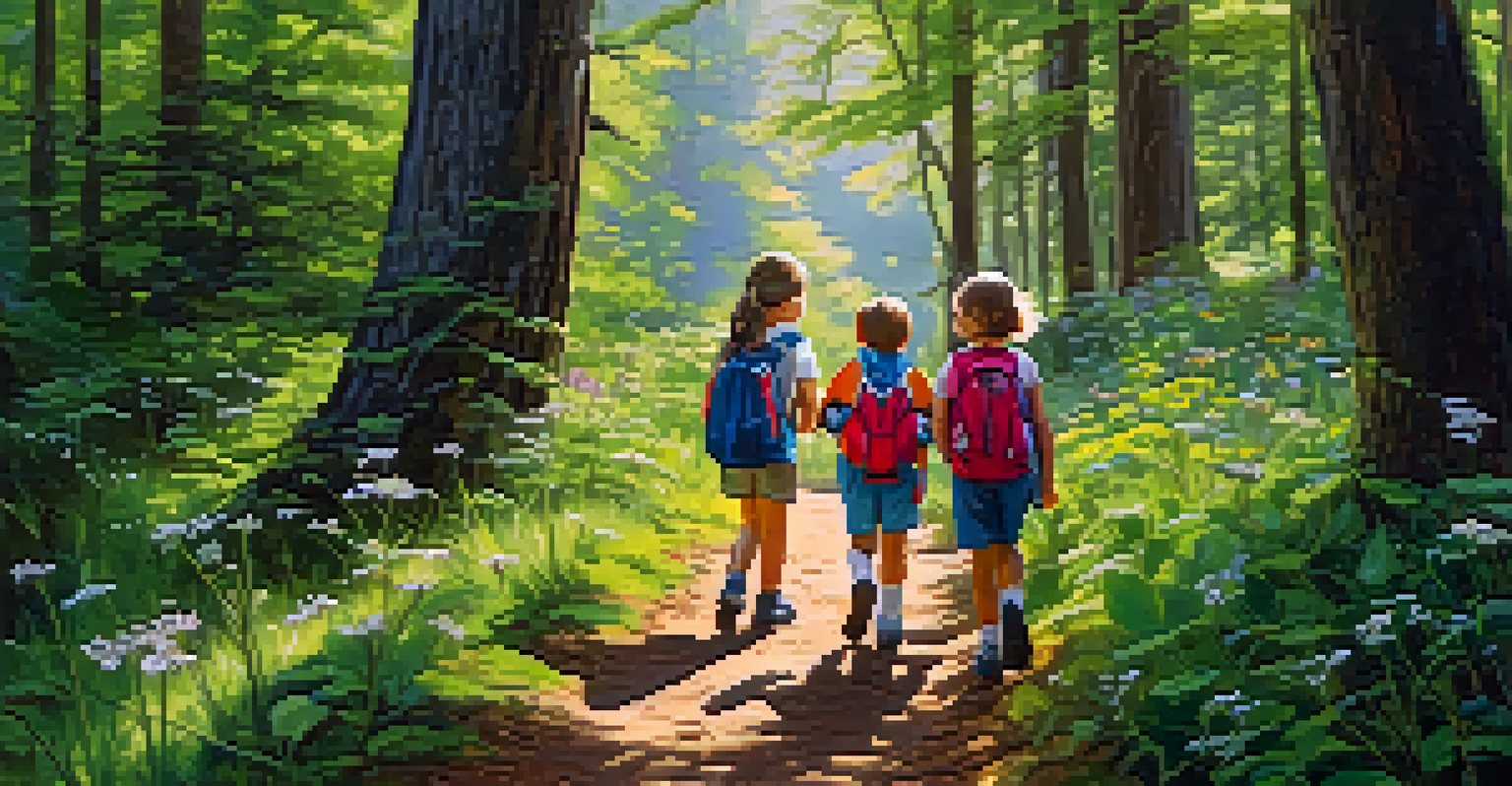 Children hiking on a forest trail, smiling and pointing at butterflies, with sunlight filtering through the trees and colorful foliage around them.
