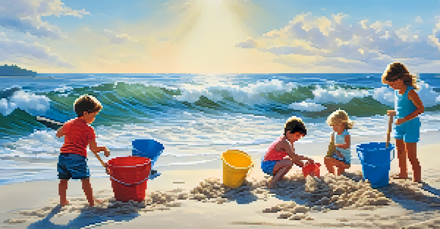 Children building a sandcastle at the beach, using colorful buckets and shovels while laughing together.