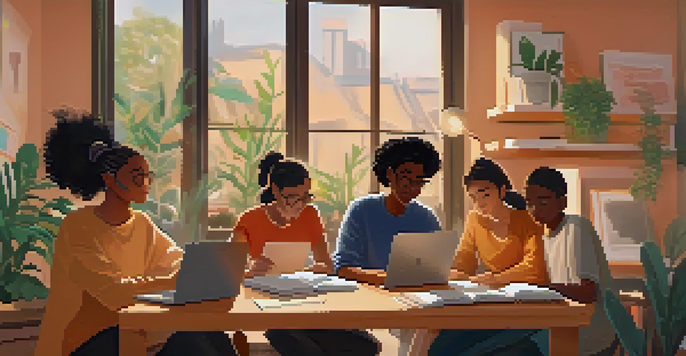 A diverse group of students participating in an online class through video call, each in a cozy study space, promoting collaboration in learning.