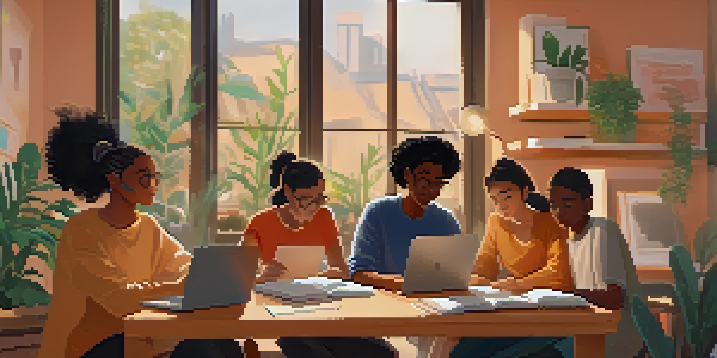 A diverse group of students participating in an online class through video call, each in a cozy study space, promoting collaboration in learning.
