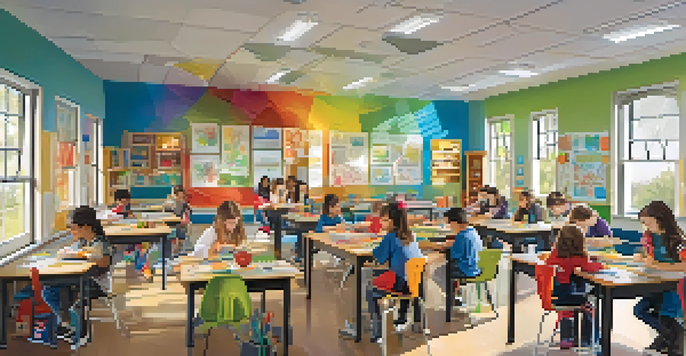 A lively classroom where students are engaged in various hands-on learning activities, with bright natural lighting and vibrant decorations.