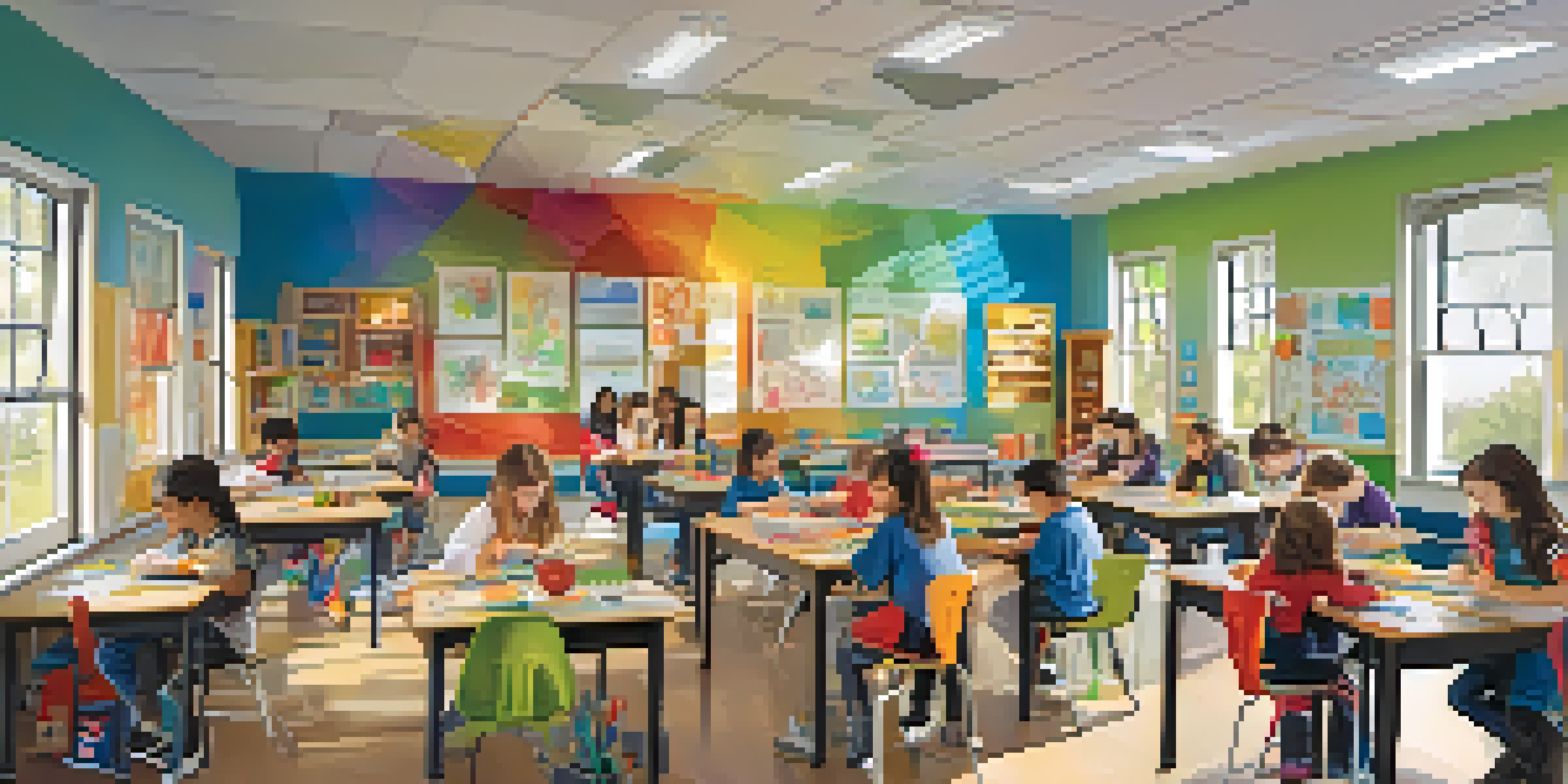 A lively classroom where students are engaged in various hands-on learning activities, with bright natural lighting and vibrant decorations.