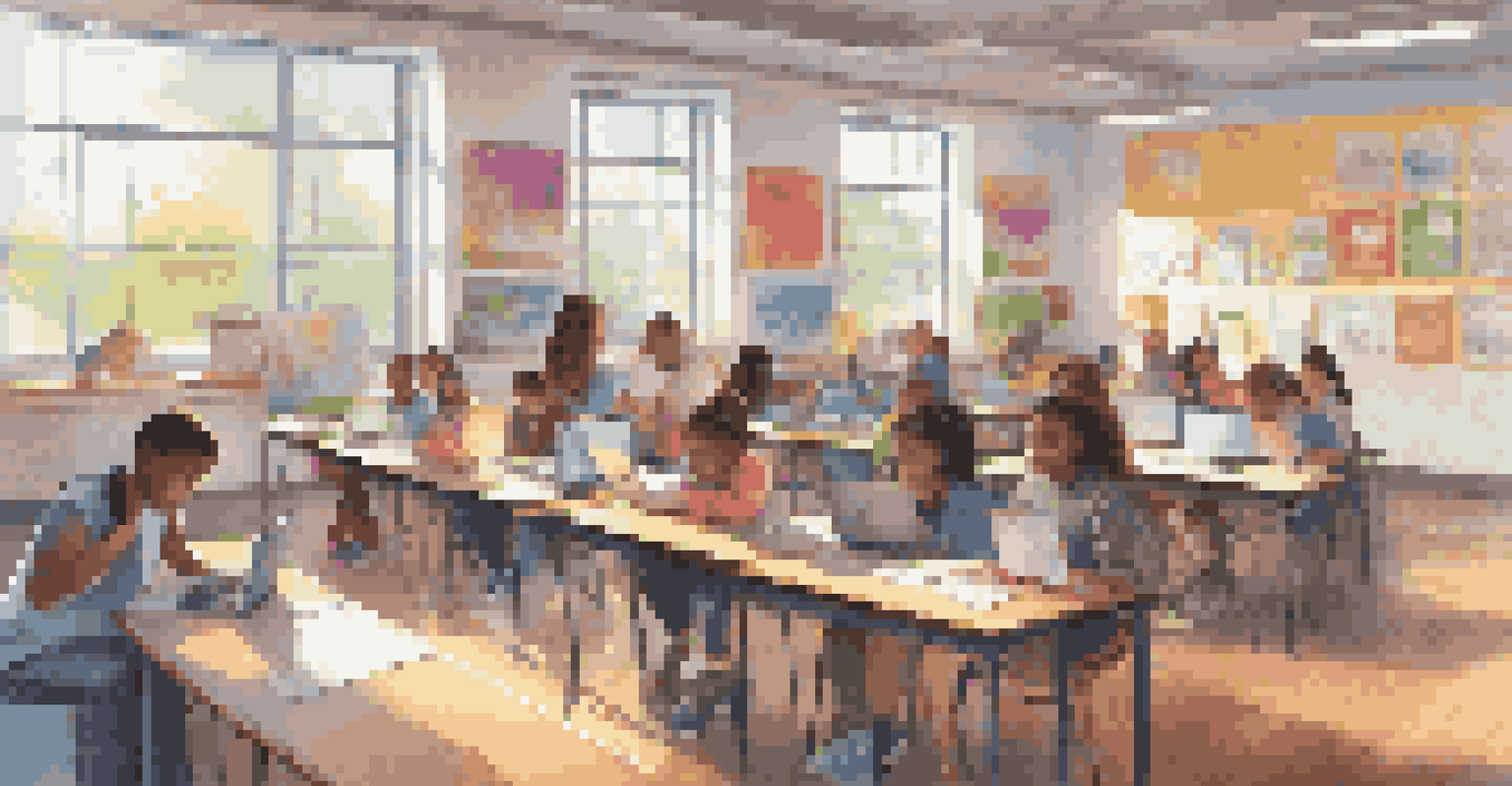A classroom with students working on digital portfolios on laptops, with colorful decorations and sunlight coming through windows.