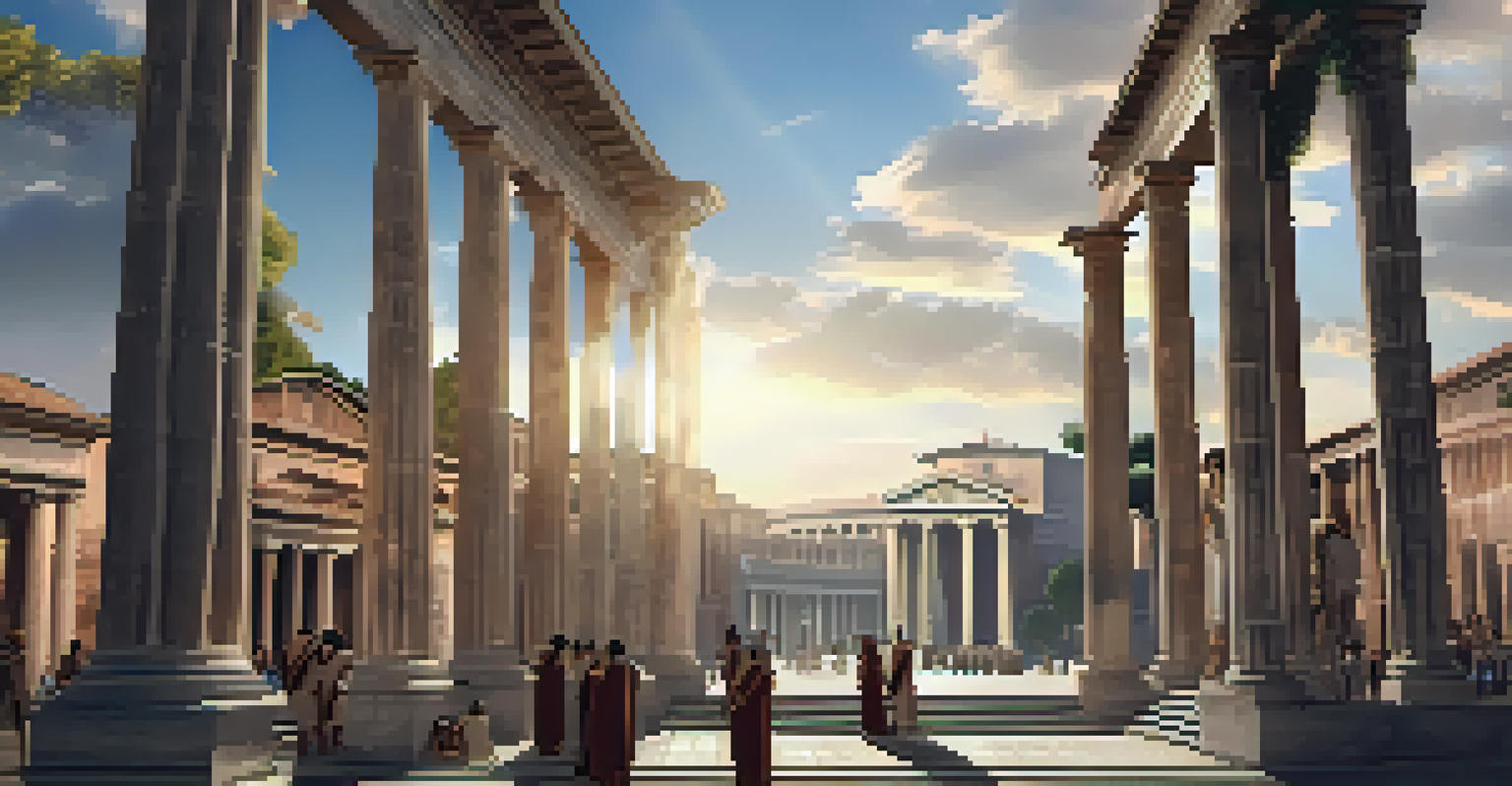 Students in virtual reality experiencing ancient Rome, surrounded by detailed Roman architecture and digital representations of citizens.
