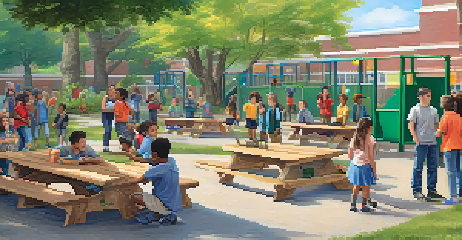 Students participating in a role-playing activity outdoors, teaching empathy in a vibrant school environment.