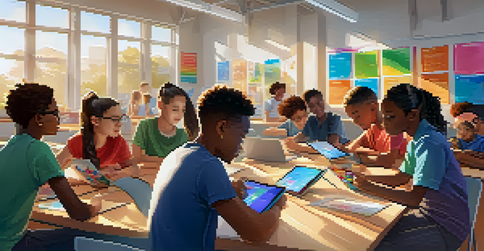 A diverse group of students in a modern classroom, using tablets and laptops, with sunlight streaming in.