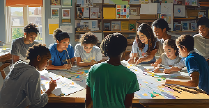 A group of diverse students collaborating on a project at a table, surrounded by materials and notes, focused on teamwork.