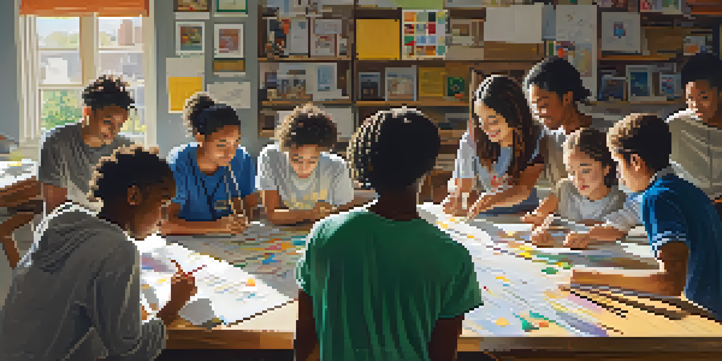 A group of diverse students collaborating on a project at a table, surrounded by materials and notes, focused on teamwork.