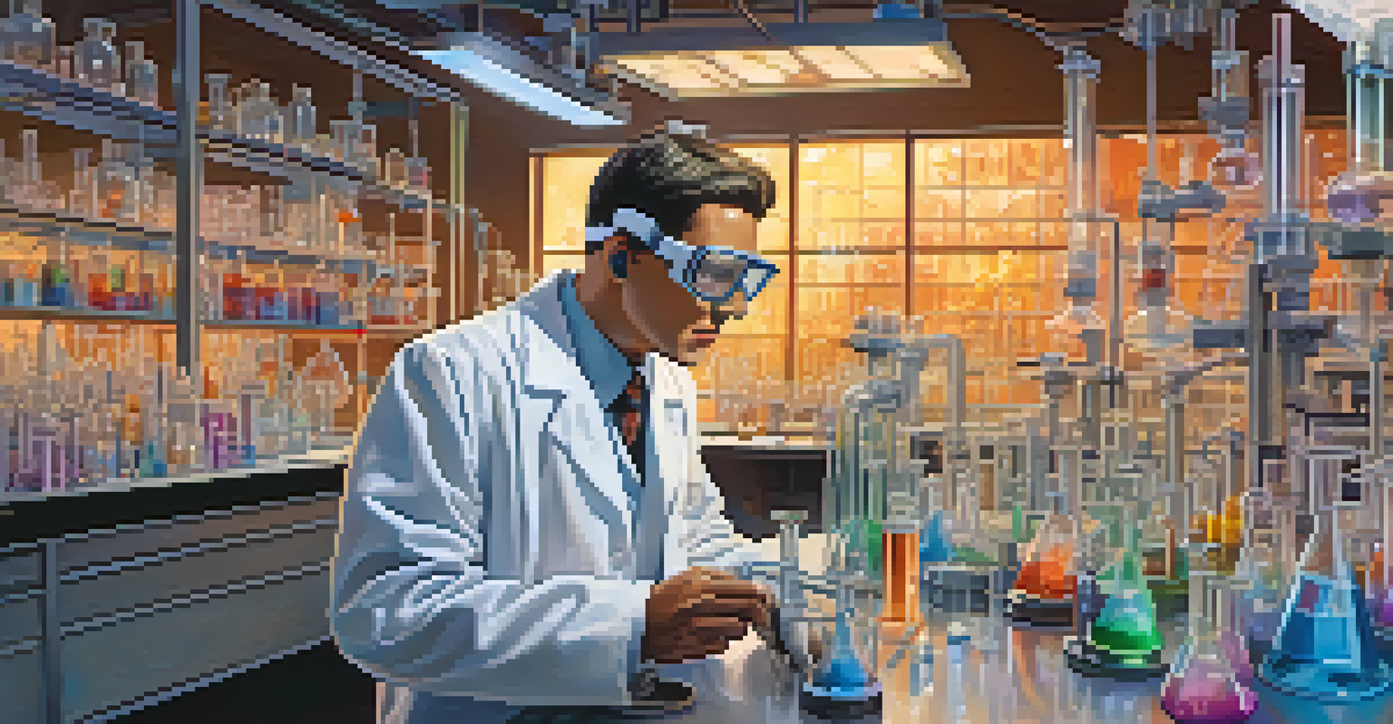 A scientist in a lab observing a colorful chemical reaction surrounded by beakers and equipment.