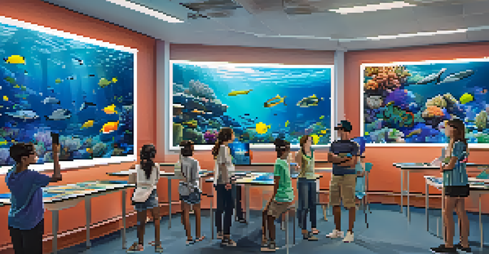 A diverse group of students in a well-lit classroom, wearing VR headsets and exploring a marine biology lesson, with colorful educational materials around them.