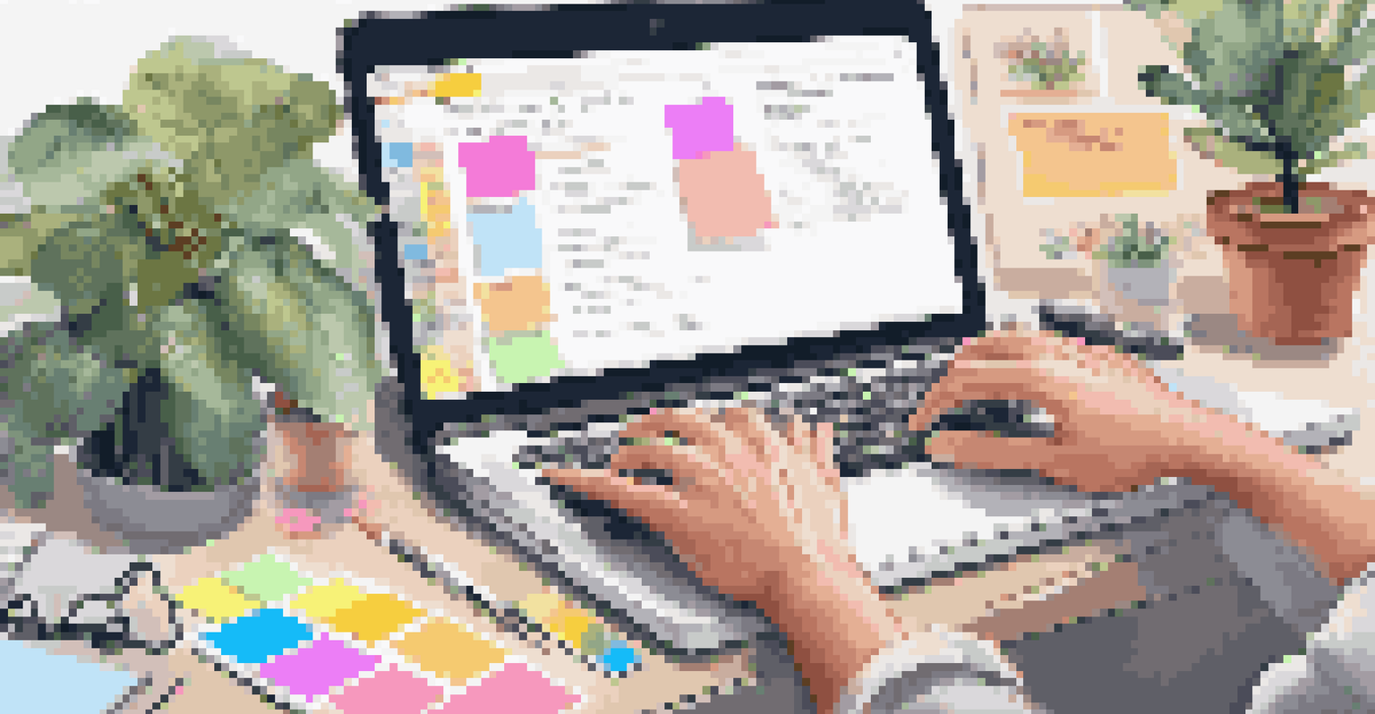 Close-up of hands typing on a laptop surrounded by an open notebook and colorful sticky notes in a bright workspace.