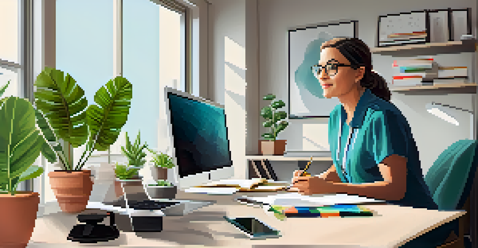 An instructor giving a live video lecture in a home office, surrounded by books and plants, with bright lighting.