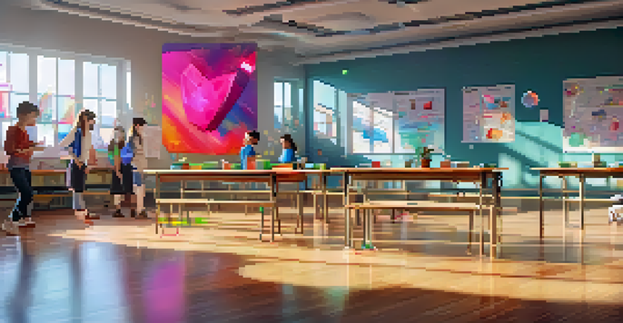 A diverse group of students in a colorful classroom engaging with augmented reality technology, interacting with 3D models of a heart and chemical compounds.