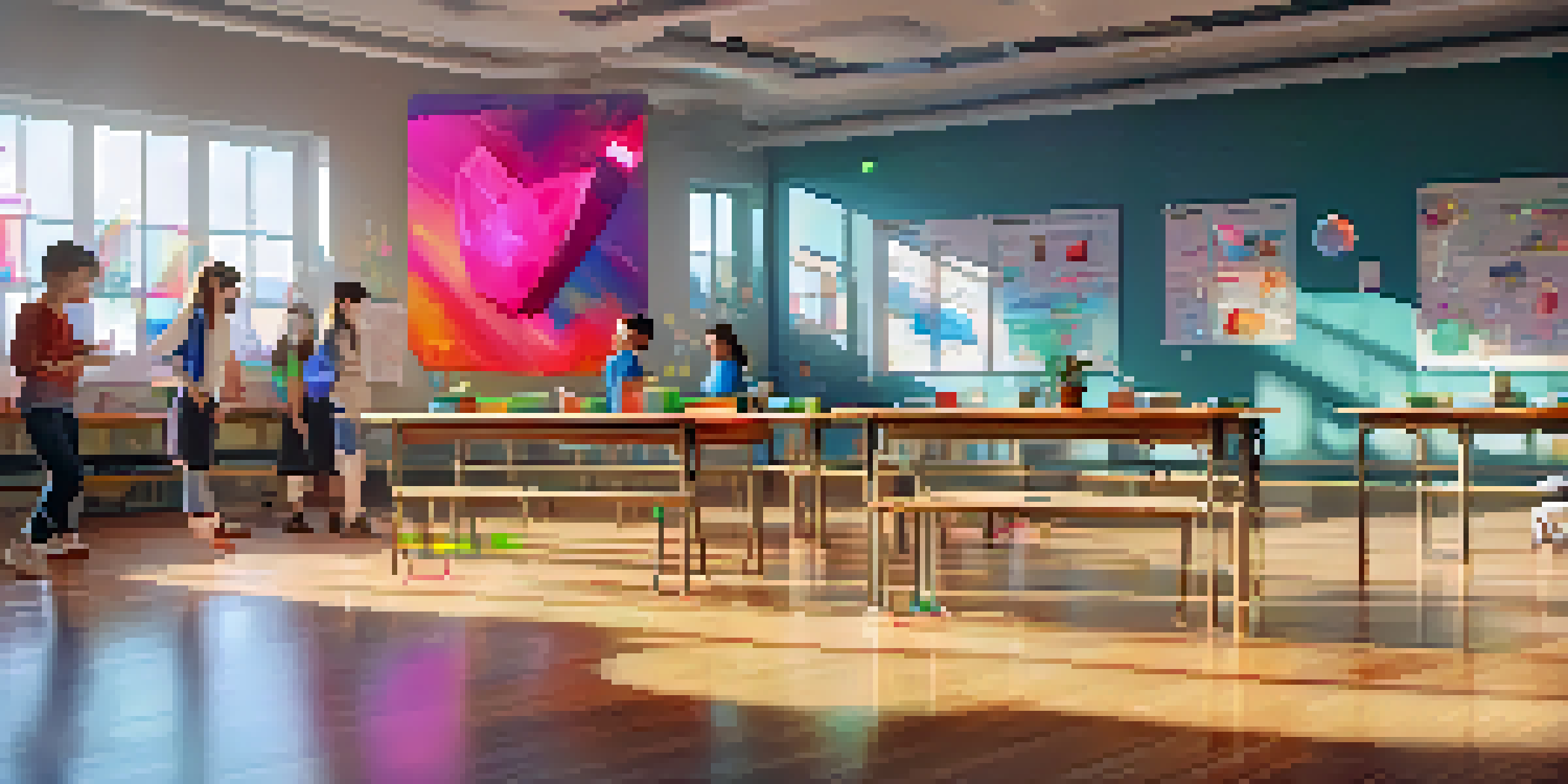 A diverse group of students in a colorful classroom engaging with augmented reality technology, interacting with 3D models of a heart and chemical compounds.