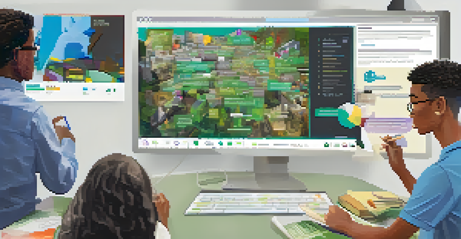 An online classroom session with students participating in a video conference, collaboratively working on a community project related to waste management.