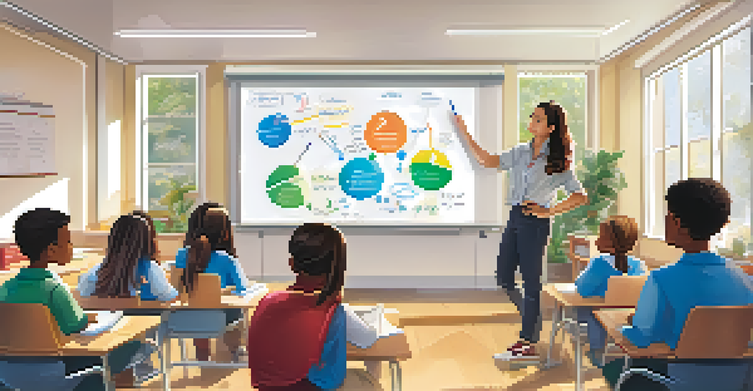 A teacher explaining concepts at a whiteboard to attentive students in a bright and supportive classroom environment filled with plants and educational materials.