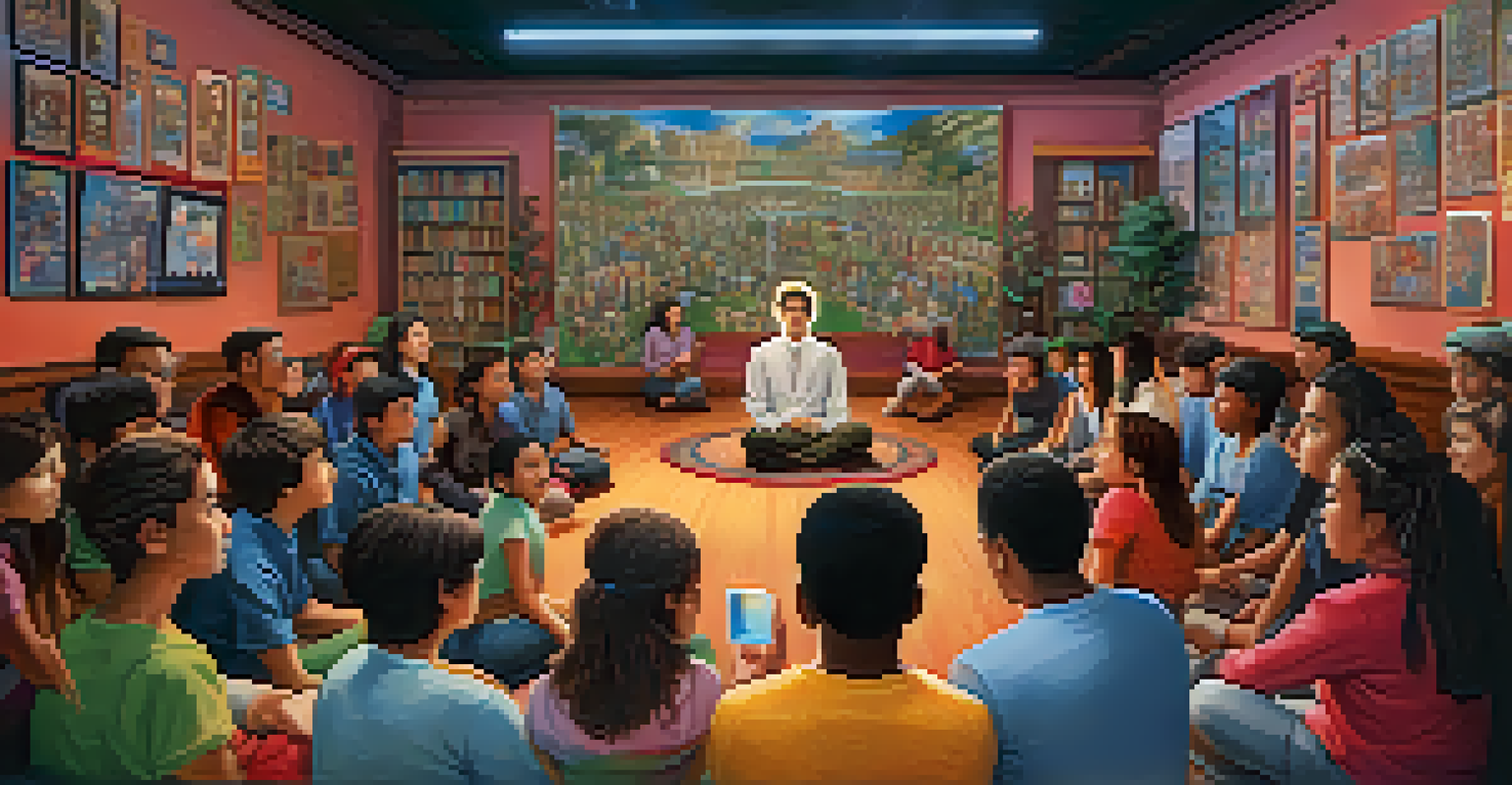 Students gathered around a central character in a storytelling session, illustrating an ethical dilemma with various media elements in the background.
